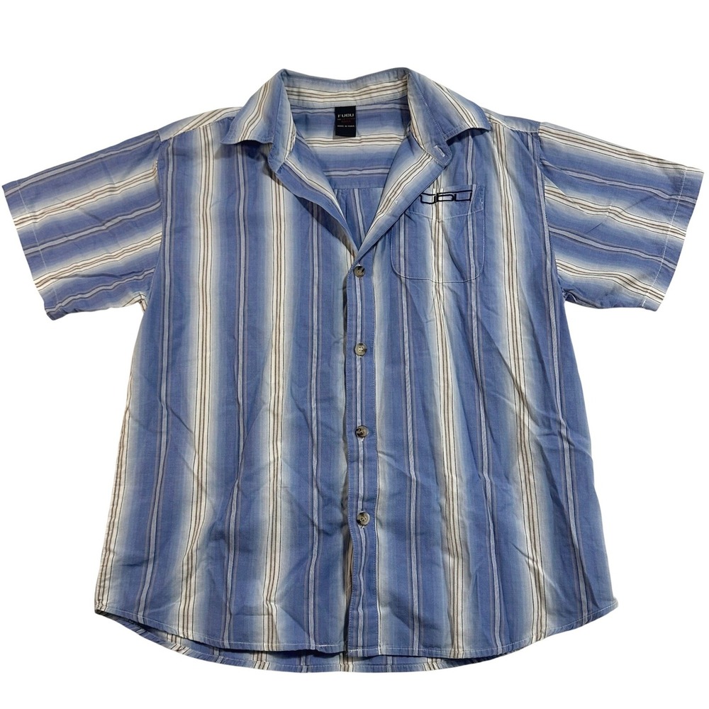 Y2K‎ 00s Vintage FUBU Blue White Striped Short Sleeve Button Up Shirt Size 12/14